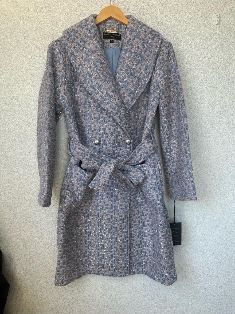 Kathy Ireland Tweed Belted Coat Blue & Pink Metallic Double Breasted NWT Size M